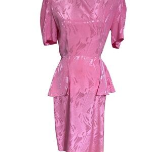 Vintage 80s April Rain Pink Jacquard Peplum Dress – Made in USA